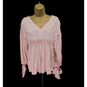 LIV Los Angeles Boho Fairy Oversized Pink Babydoll Embroidered Top Womens Small